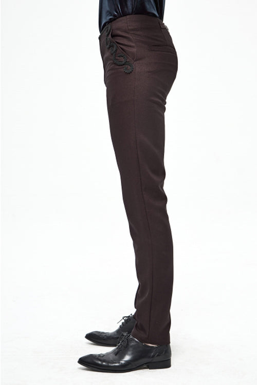 Brown Twill Suit Material Side Pocket Floral Shaped Webbing Gothic Mens Pants