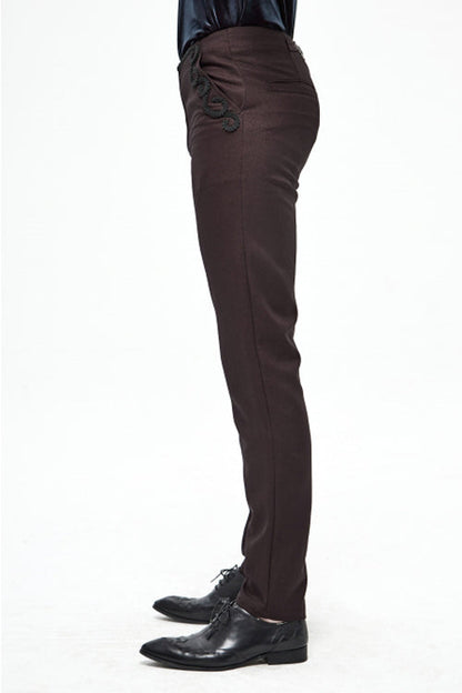 Brown Twill Suit Material Side Pocket Floral Shaped Webbing Gothic Mens Pants