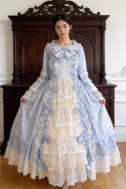 Sweet Plus Size Long Sleeves Triple-Layered Ruffled Open-Front Bow Lace Princess Lolita Victorian Dress