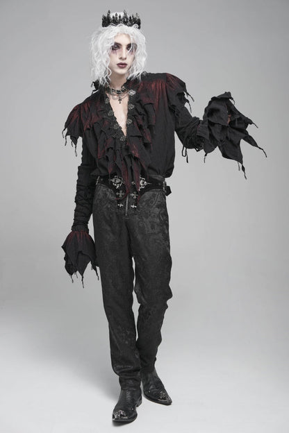 Black/Red Stand Collar Long Sleeves Ruffled Men's Gothic Plunging Shirt