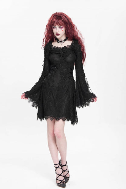 Black Square Collar Long Trumpet Sleeves Embroidered Lace-Up Women's Gothic Dress