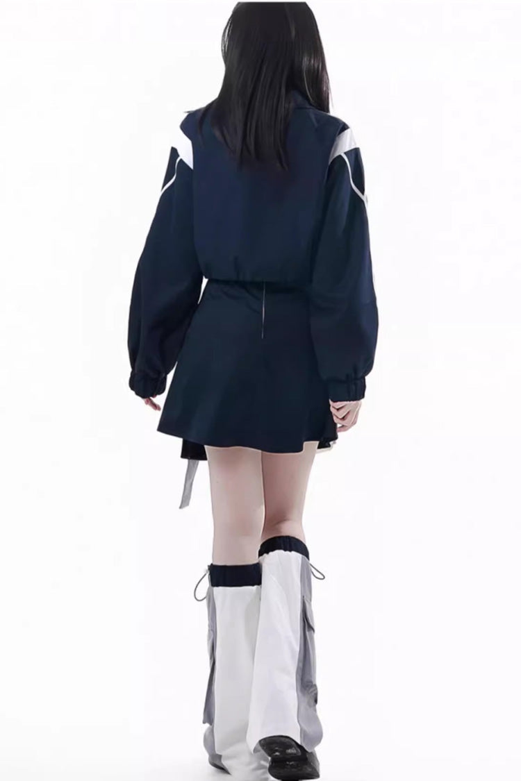 Blue/White [Message Overload] Techwear Long Sleeves Embroidered Asymmetric Zippered Jirai Kei Dress Short Coat Set