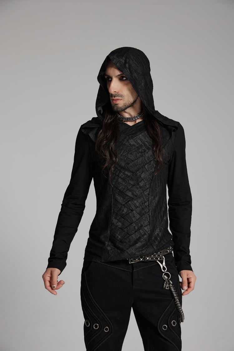 Black V Collar Long Sleeves Hooded Overlaping Mesh Men's Punk T-Shirt
