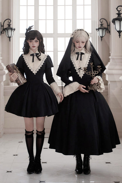 Black [Letters and Poems·Nocturne] Nun Long Sleeves Ruffle Gothic Lolita Short Dress