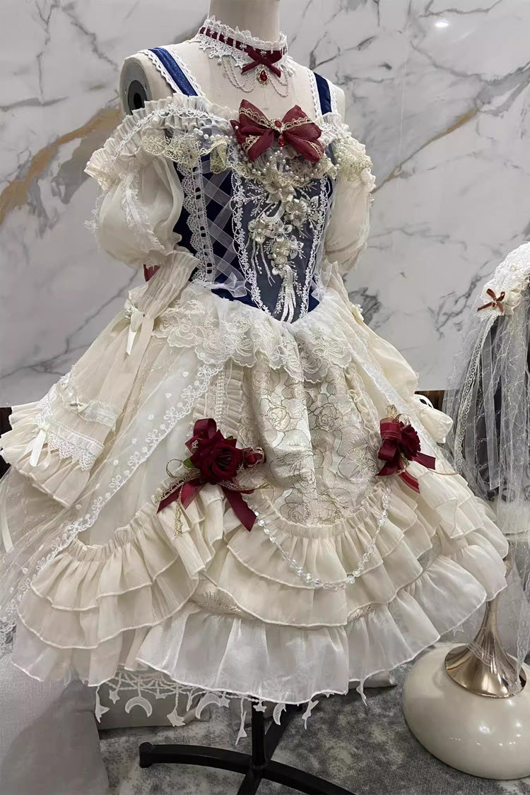 Blue/Ivory Snow White Off Shoulder Ruffle Cardigan Bowknot Lace Sweet Gorgeous Lolita Dress