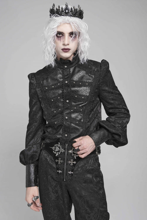 Black Stand Collar Long Lantern Sleeves Floral Print Embroidery Men's Gothic Blouse