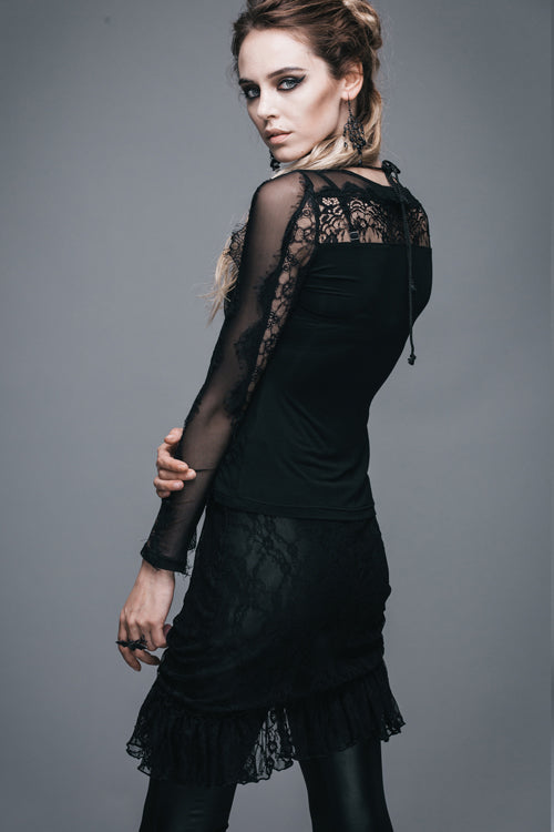 Black Sexy Lace Pattern Long Sleeves Gothic Womens T-Shirt