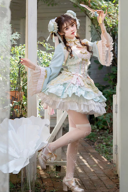 Green White Pear Dream Multi-layer Ruffle Lace Sweet Chinese Style Princess Lolita Jsk Dress