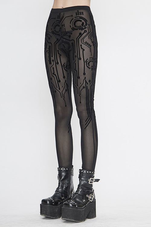 Black Punk Circuit Diagram Flocking Stretch Mesh Leggings Womens Pants
