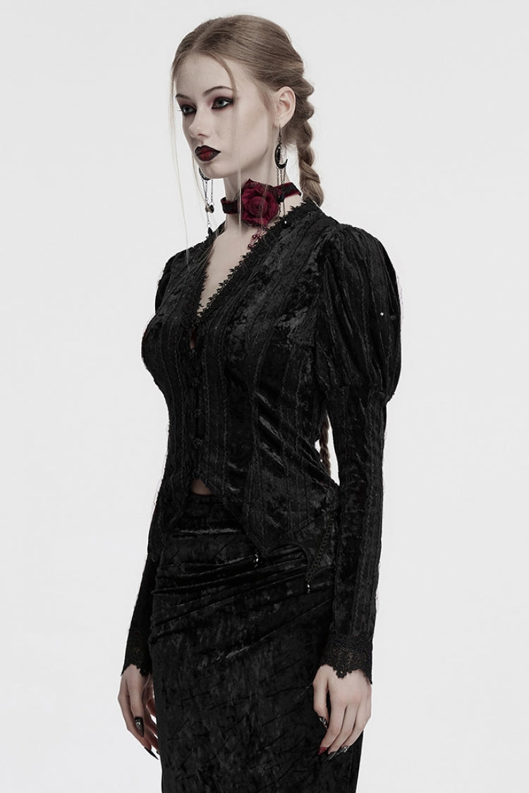 Black V Collar Long Puff Sleeves Women's Gothic Blouse