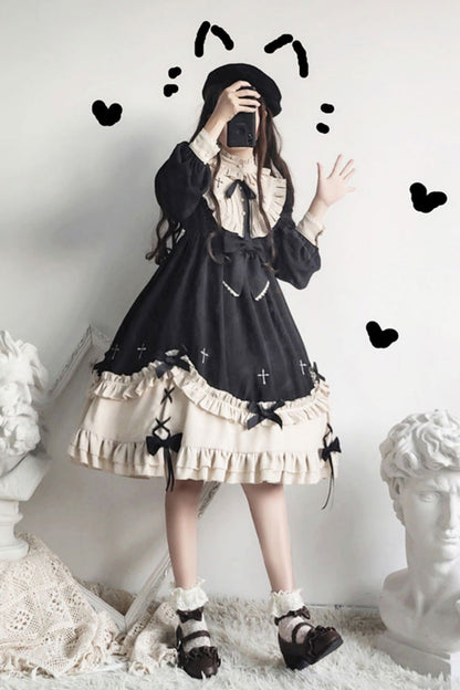 Black Round Collar Chest Bow Cross Print Ruffled Sweet Lolita Op Dress