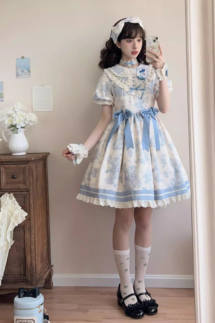 Blue [Grape Moon Almanac] Short Sleeves Multi-Layered Printed Ruffled Bow Sweet Lolita Dress