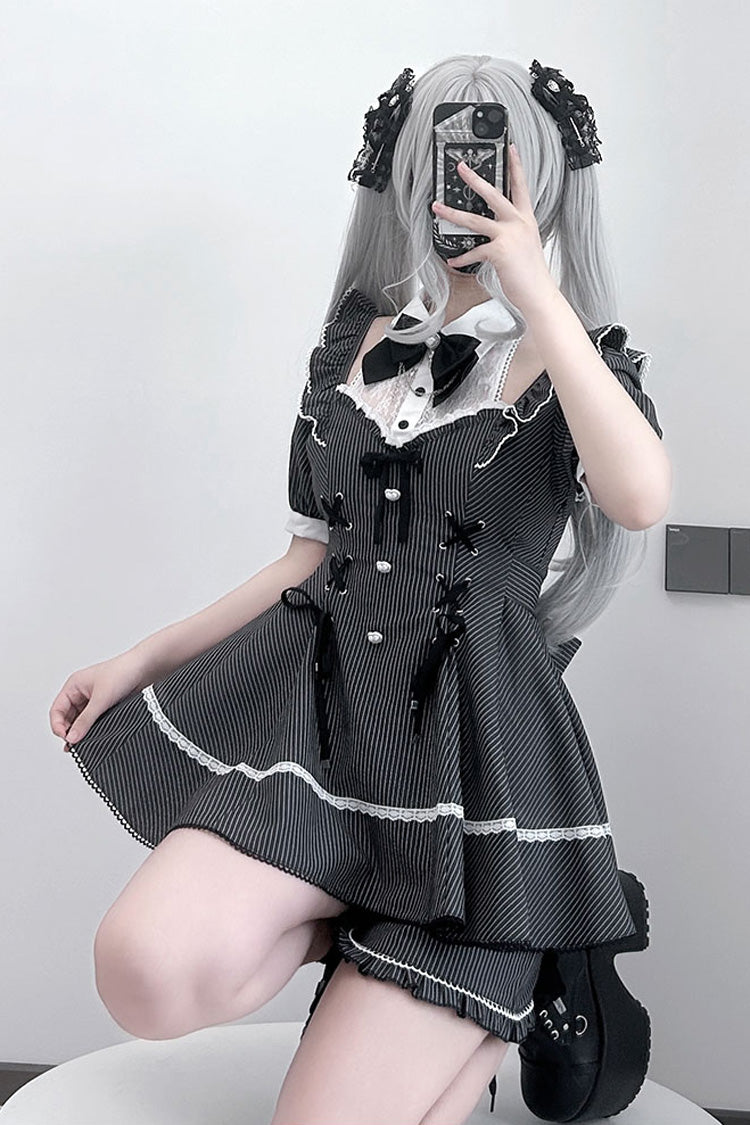 Black [Roman Strings] Short Sleeves Striped Print Bowknot Lace-Up Gothic Jirai Kei Plus Size Dress