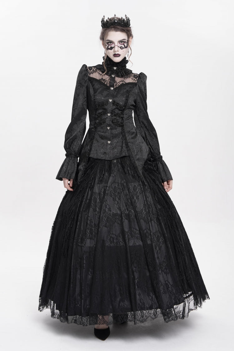 Black Stand Collar Long Sleeves Jacquard Hollow Lace Women's Gothic Blouse