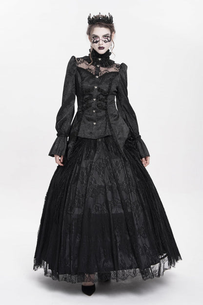 Black Stand Collar Long Sleeves Jacquard Hollow Lace Women's Gothic Blouse