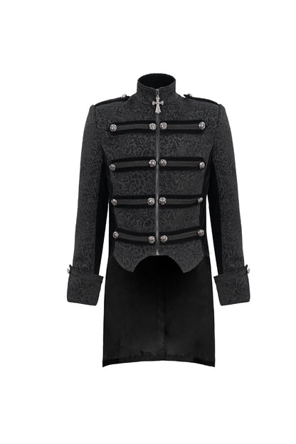 Black Silk Stand Collar Printed Metal Breasted Cross Zipper Back Slit Vintage Men's Gothic Jacket