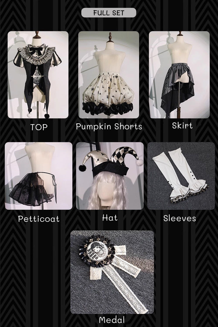 Black [Weird Toy Box] Circus Clown Halloween Print Ruffle Embroidery Asymmetric Gothic Ouji Lolita Full Set