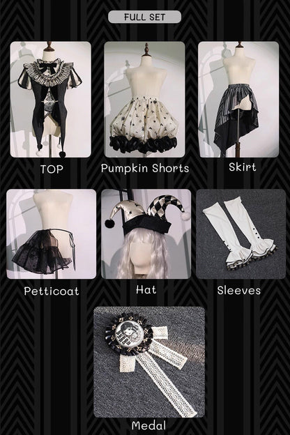 Black [Weird Toy Box] Circus Clown Halloween Print Ruffle Embroidery Asymmetric Gothic Ouji Lolita Full Set