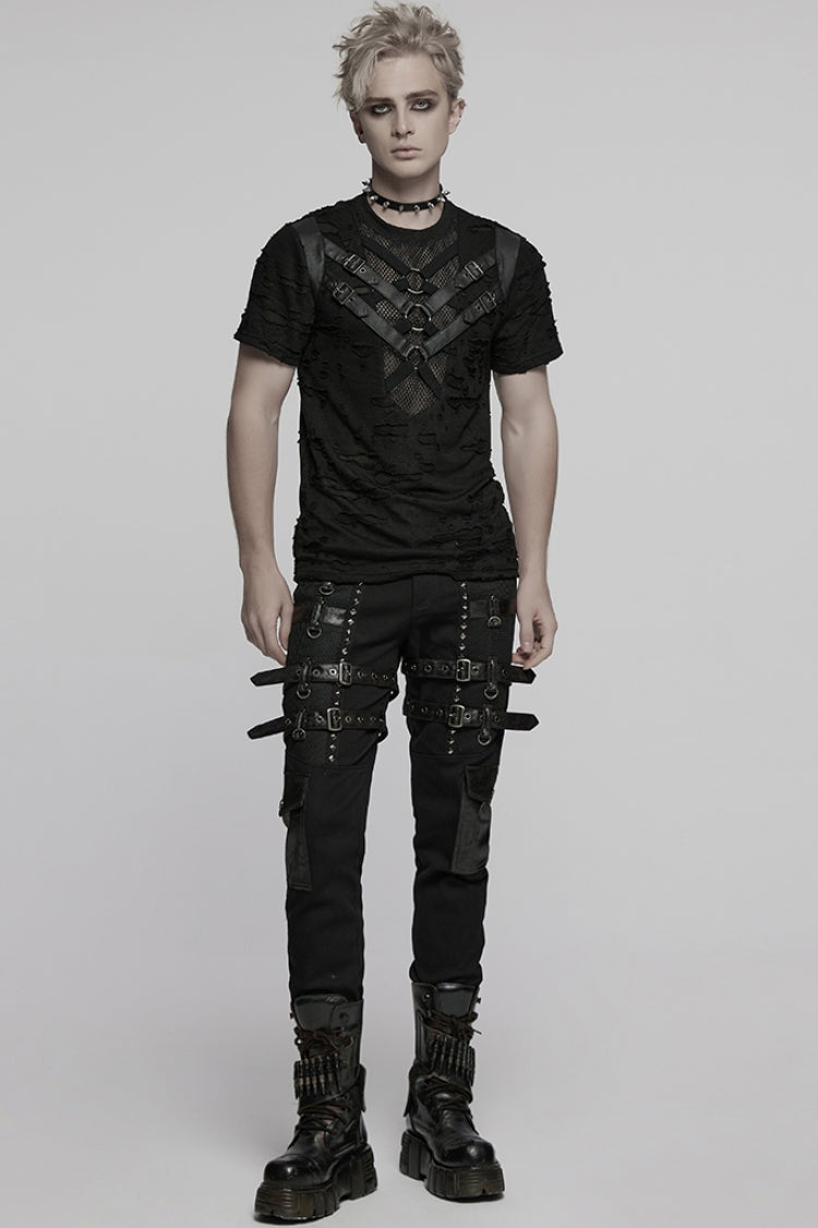 Black Short Sleeves Stitching Mesh Ripped Strap Men's Punk T-Shirt