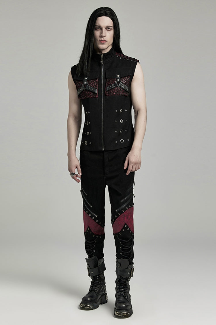 Black/Red Stand Collar Stitching Slim Men's Punk Vest