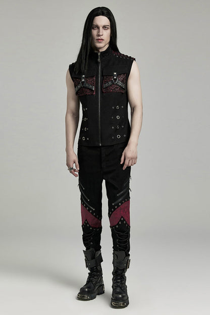 Black/Red Stand Collar Stitching Slim Men's Punk Vest