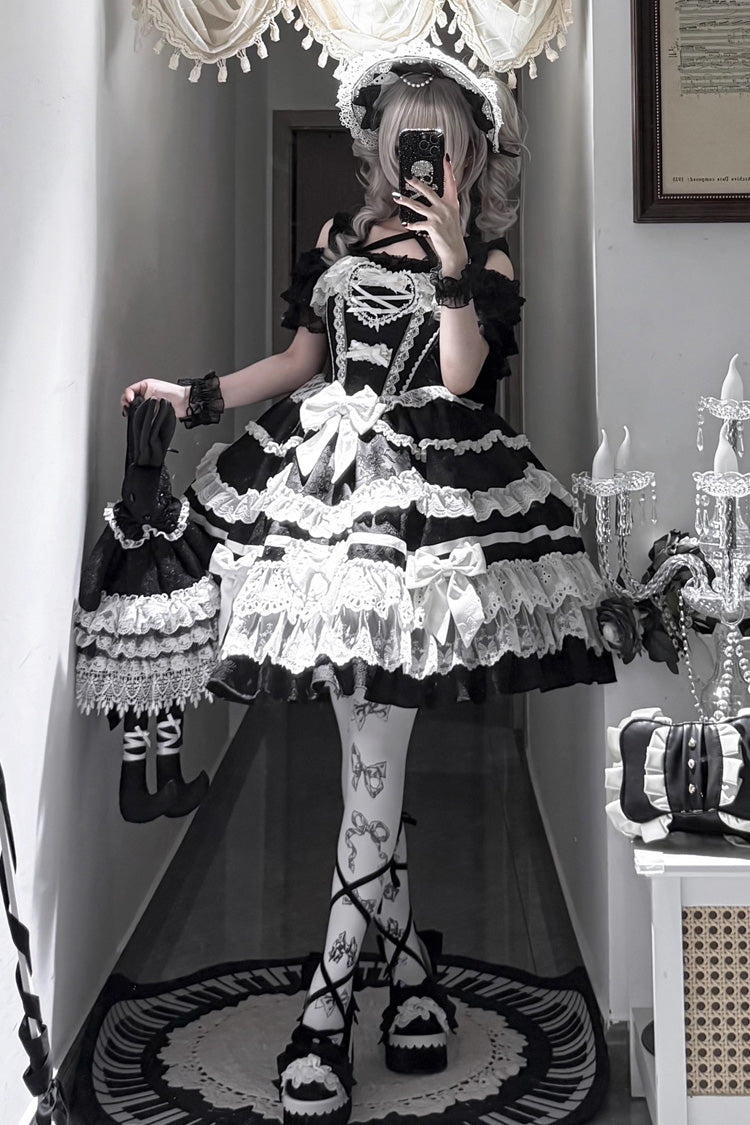 Black/White [Super Cute Belia] Sleeveless Triple-Layered Ruffle Bowknot Lace Gothic Elegant Lolita Jsk Dress