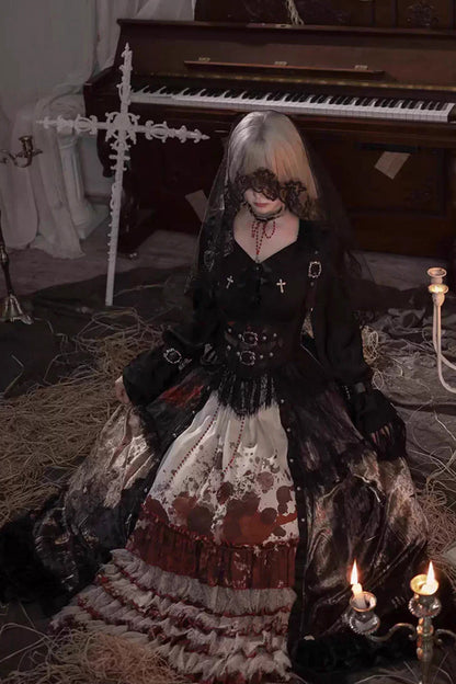 [Heretical Nun] Sleeveless Multi-Layered Printed Ruffled Open-Front Gothic Plus Size Lolita Strap Dress Long Version 2 Colors