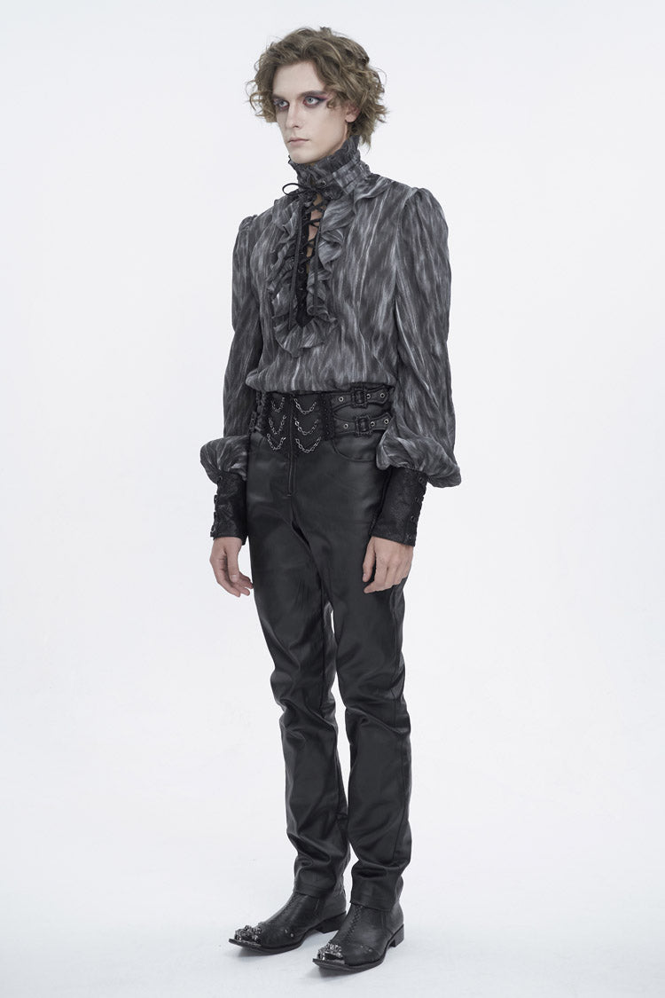 Black/Grey Ruffle Stand Collar Print Lace-Up Men's Gothic Blouse