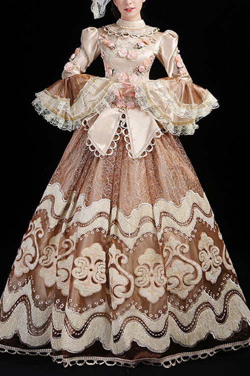 Champagne Multi-Layer Hime Sleeves High Waisted Hollow Embroidery Three-Dimensional Flower Print Victorian Lolita Prom Dress