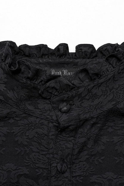 Black Stand Collar Long Puff Sleeves Jacquard Print Mens Gothic Blouse with Necktie