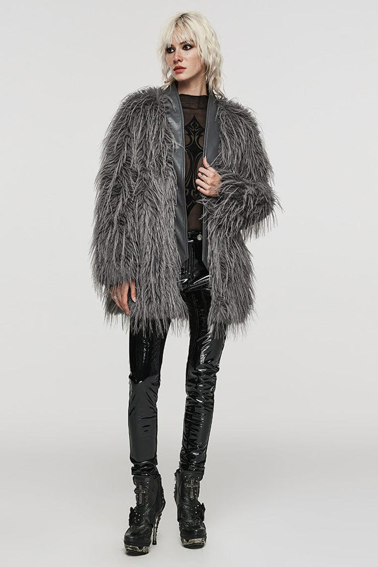Grey Faux Fur Wool Side Long Sleeves Stitching Womens Gothic Elegant Coat