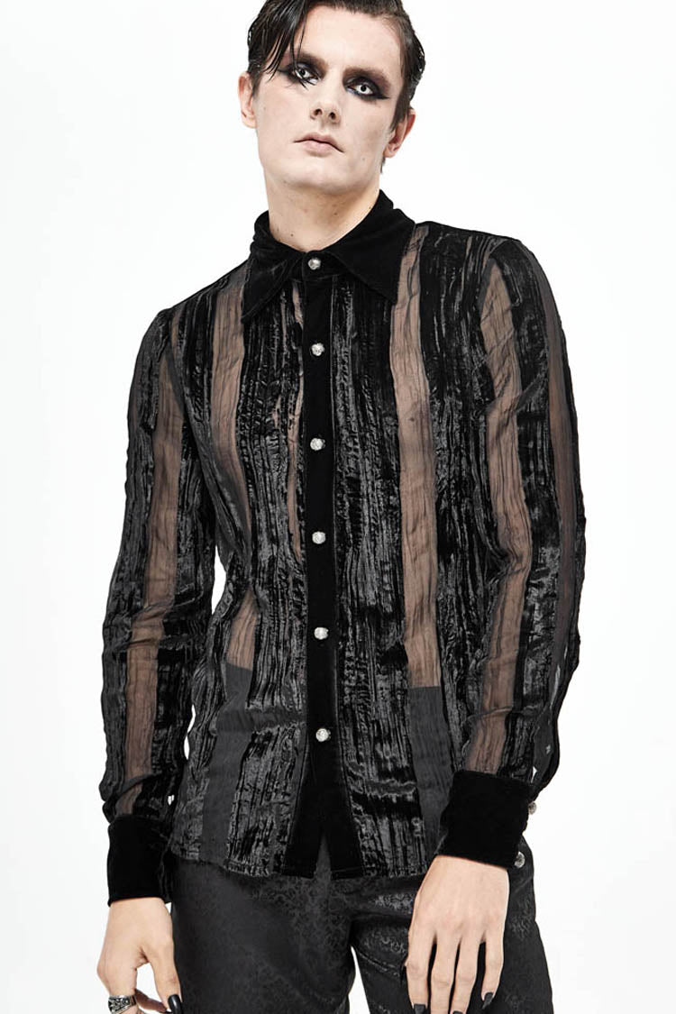 Black Striped Velvet Fold Mushroom Metal Buckles Long Sleeve Irregular Men's Gothic Shirt