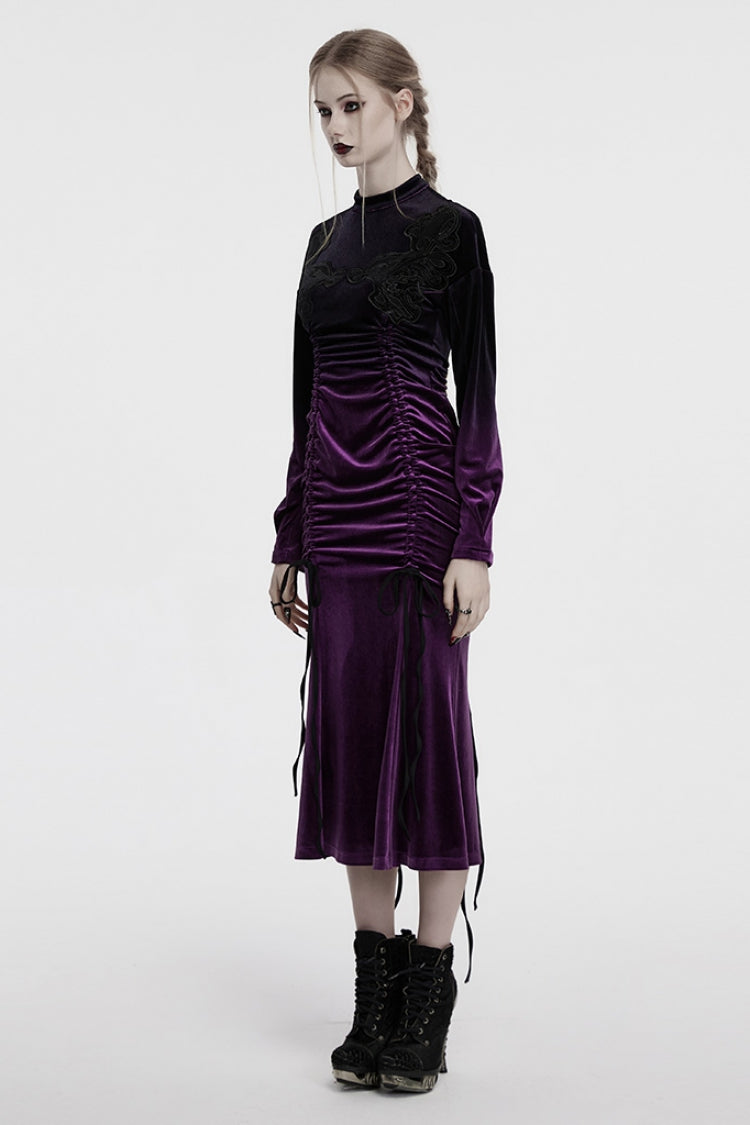 Black/Purple Drawstring Long Sleeves Gradient Women's Gothic Dress