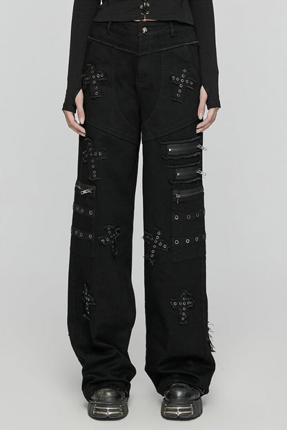 Black Women's Punk Cross Patch Big-pocket Denim Pants