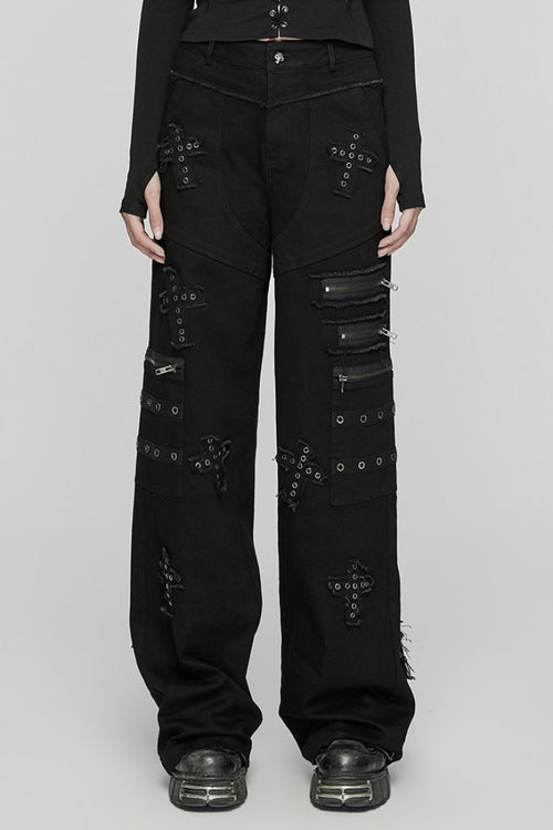 Black Women's Punk Cross Patch Big-pocket Denim Pants