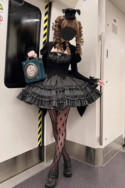 Black [Duke of the Trap Rabbit] Long Sleeves Stripe Print Ruffle Bowknot Lace Gothic Lolita Dress
