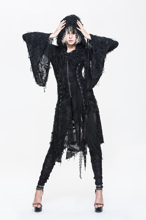 Black Ragged Horn Sleeves Womens Punk Long Coat