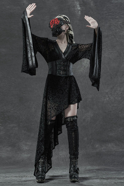 Black V Collar Long Trumpet Sleeves Embroidery Lace Girdle Irregular Womens Gothic Dress