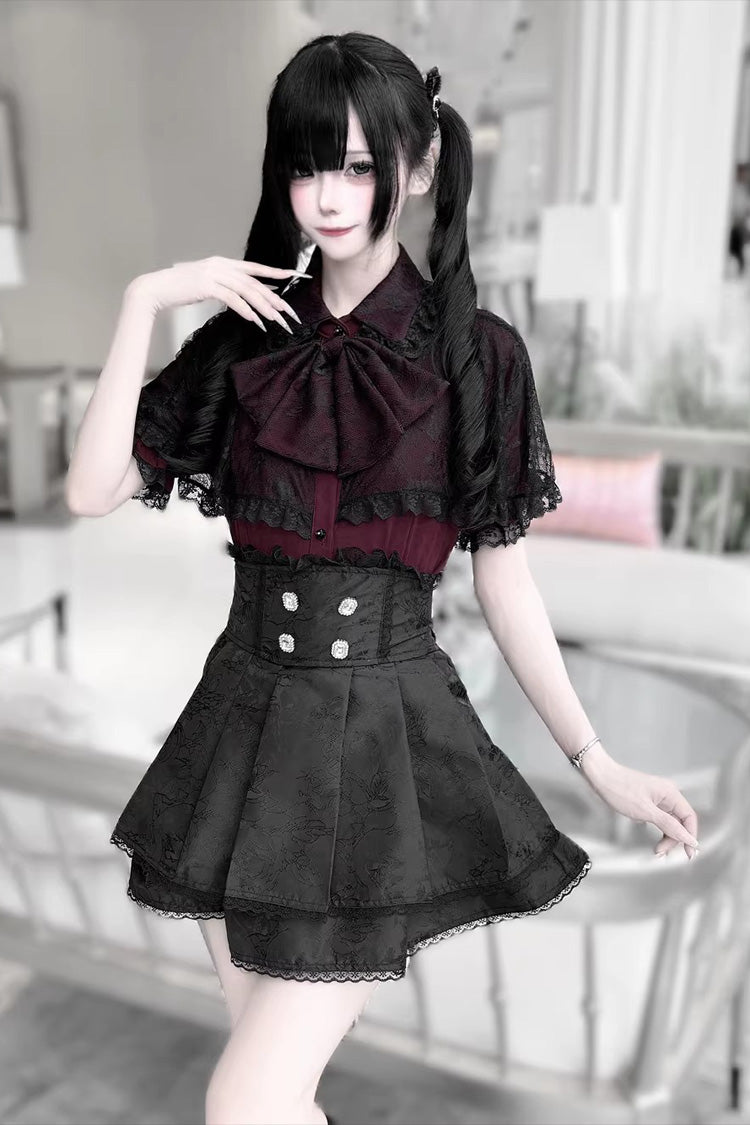 [Dark Moon Shadow] Short Sleeves Double-Layered Ruffled Embroidered Bow Lace-Up Gothic Jirai Kei Lolita Top + Skirt Set