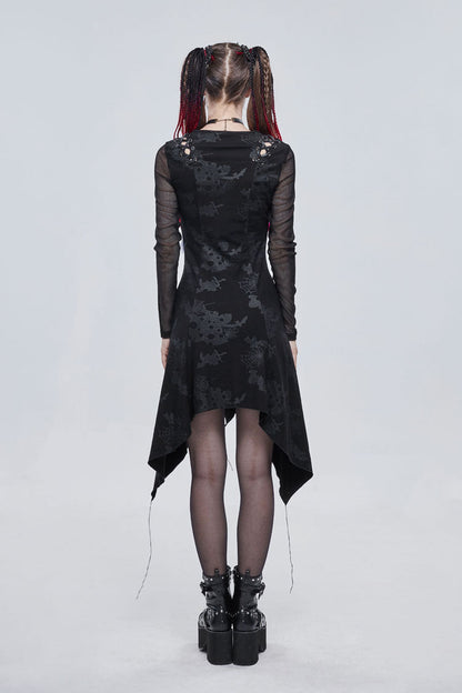 Black Shoulder Cutout Tie Rope V Neck Pattern Print Decorative Women's Gothic Dress