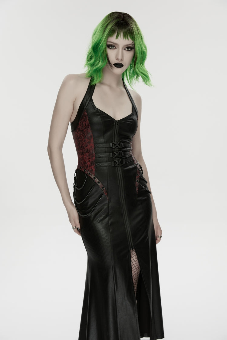 Black/Red Halterneck Sleeveless Lace-Up Slim Buckled Women's Punk Dress