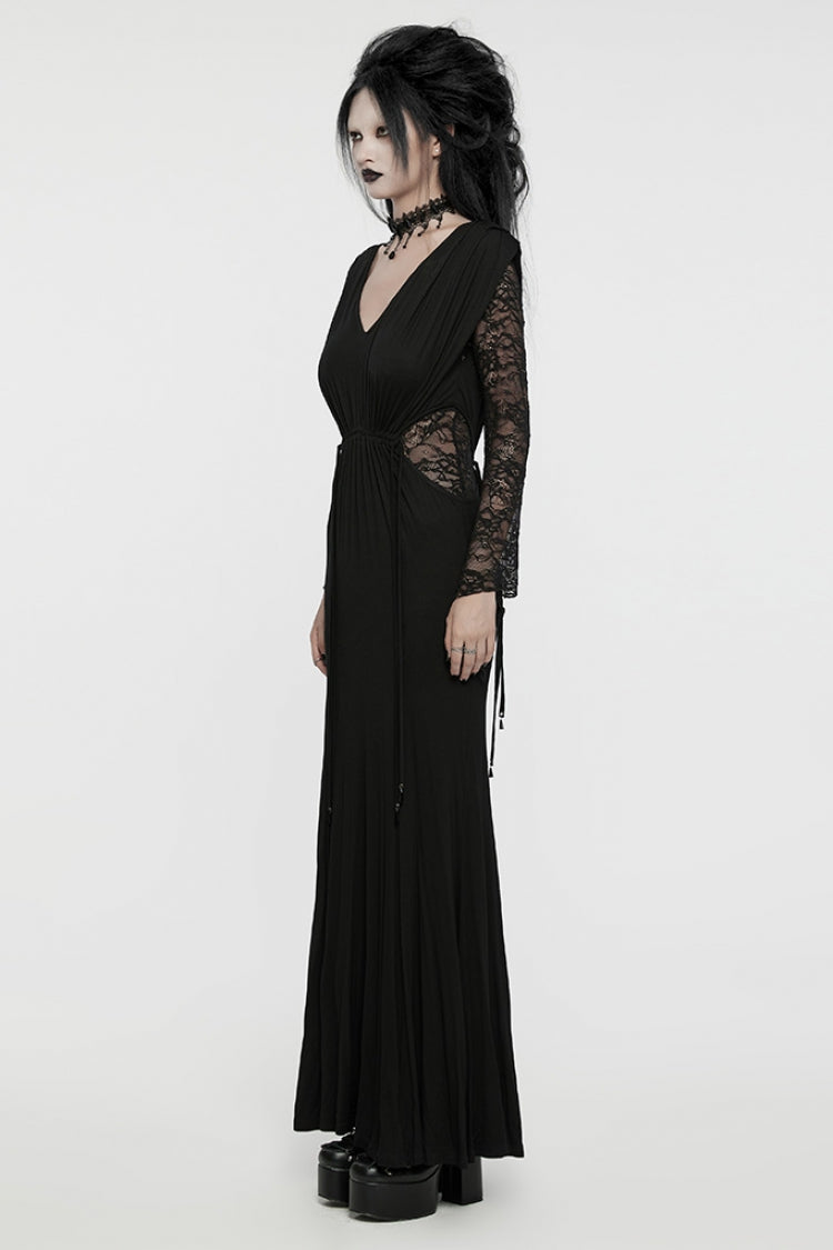 Black V Collar Long Sleeves Stitching Lace Women's Gothic Drawstring Honeymoon Dress