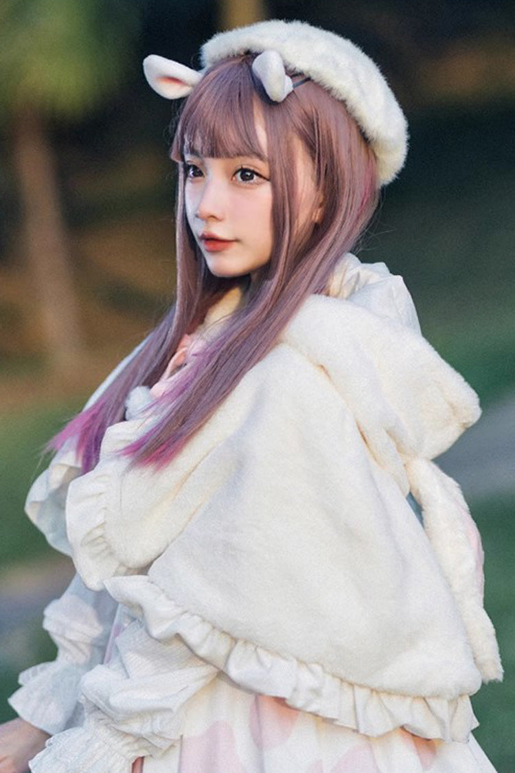 Ivory Plush Bunny Ears Bowknot Sweet Princess Lolita Cloak Coat