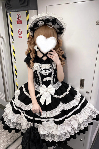 Black/White [Super Cute Belia] Sleeveless Triple-Layered Ruffle Bowknot Lace Gothic Elegant Lolita Jsk Dress