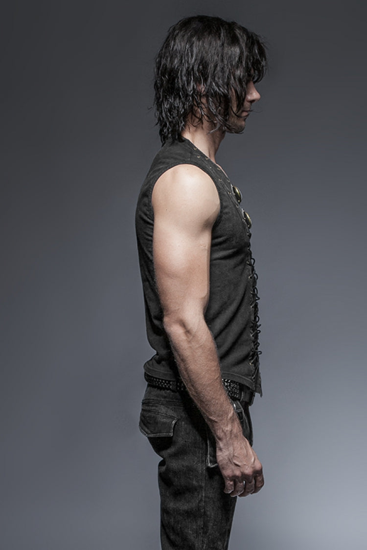 Black V Collar Sleeveless Metal Rings Cross Lace-Up Men's Steampunk Vest