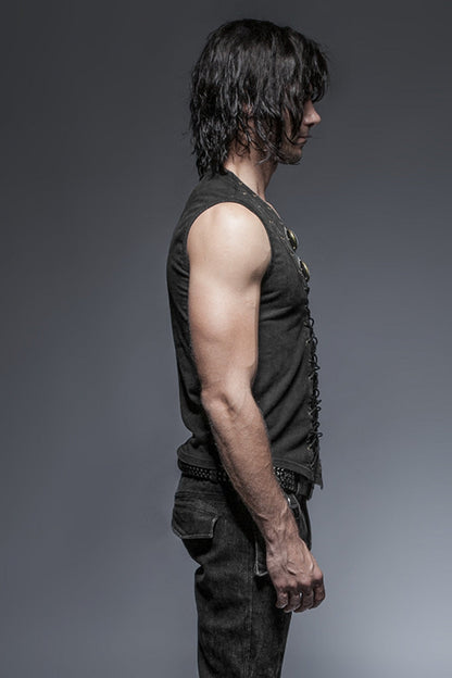 Black V Collar Sleeveless Metal Rings Cross Lace-Up Men's Steampunk Vest