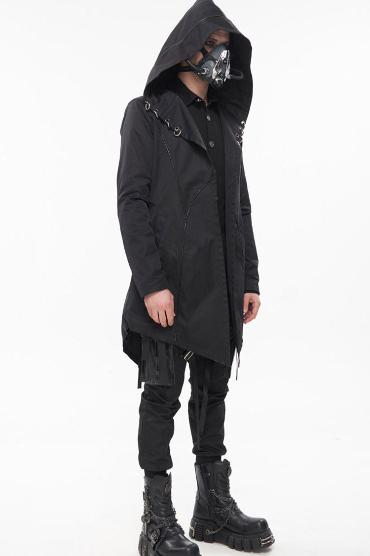 Black Punk Back Splicing Straps Design Windproof Fabric Daily Matching Hooded Casual Men's Coat