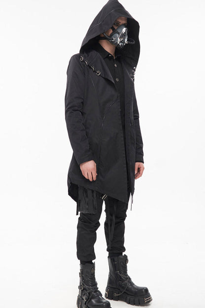 Black Punk Back Splicing Straps Design Windproof Fabric Daily Matching Hooded Casual Men's Coat