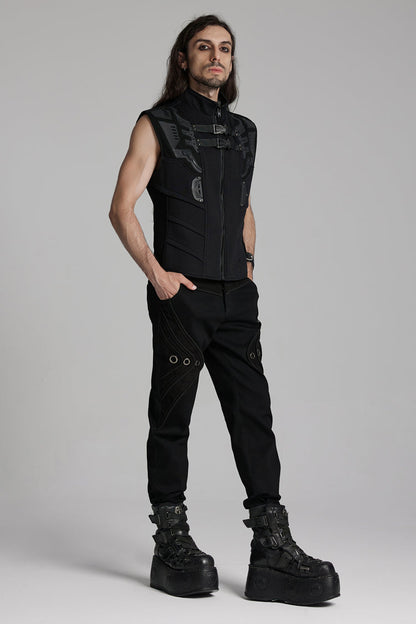 Black Sleeveless Bucke-up Zip Men's Punk Vest