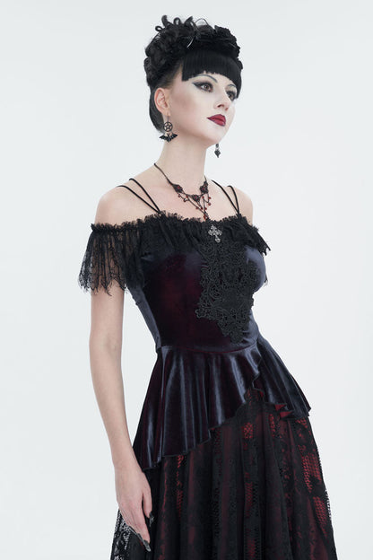 Red Stretch Velvet Eyelash Lace Short-Sleeved One-Shoulder Women's Gothic Strap T-Shirt